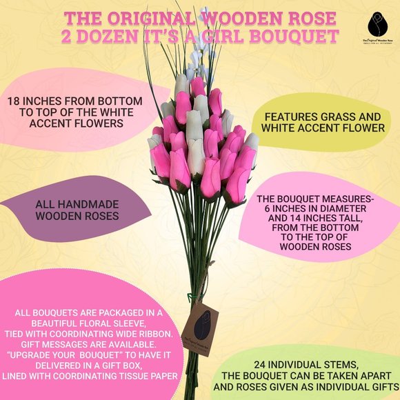2 Dozen It's A Girl Light Pink and White The Original Wooden Rose Flower Bouquet - Picture 3 of 9